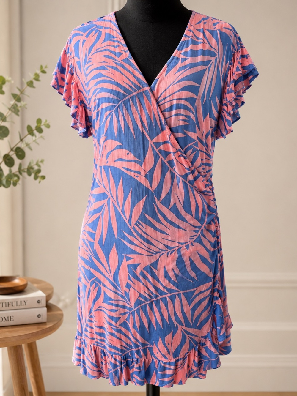 Billabong Pink and light blue palm design wrap dress